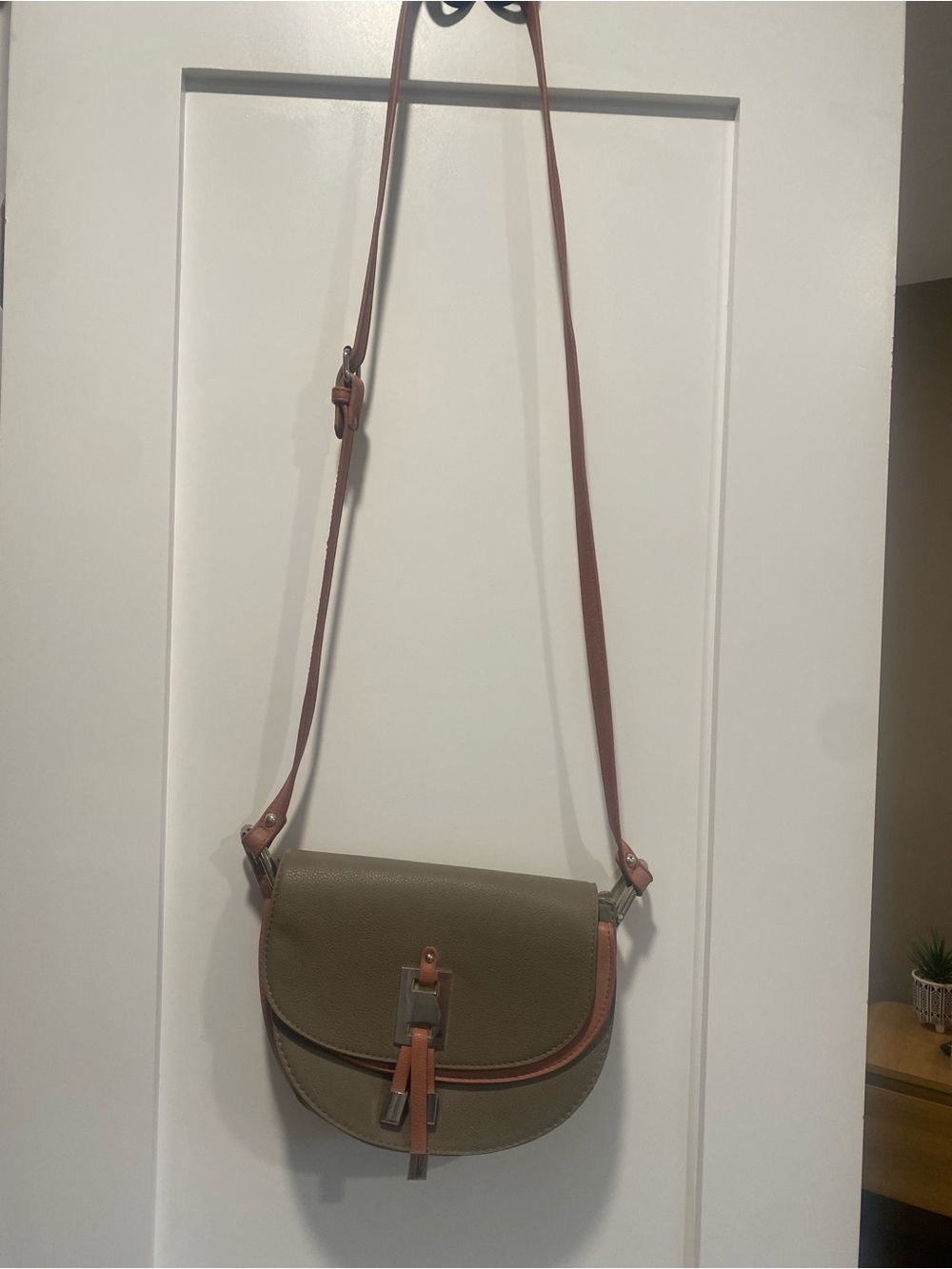 Leather Crossbody Saddle Bag in Olive with Tan Trim